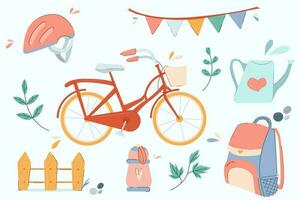 A set of cozy illustrations of a bicycle, helmet, watering can, backpack, thermos, fence.Family bike ride.Active grandparents ride tandem bike in park.Family traveling on bike. World Bicycle Day. vector