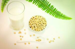 A glass of soy milk with soy beans photo