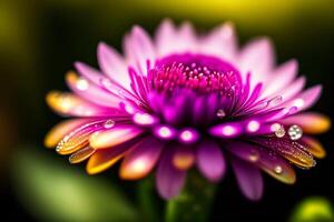 Close up of purple daisy flower with water drops on petals. photo