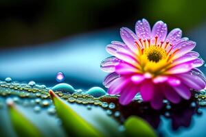 Close up of purple daisy flower with water drops on petals. photo