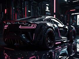 a brand-less generic concept car in neon light. photo