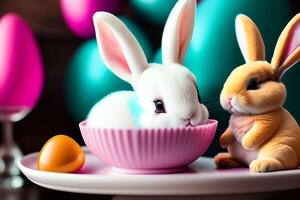 Easter bunny and cake on a pink tablecloth. photo