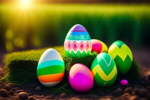 Colorful Easter eggs on green grass with beautiful bokeh background. photo