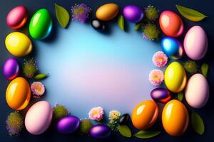 Easter eggs and sunflowers on purple background with copy space. photo