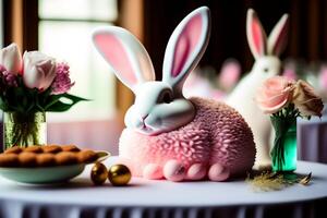 Easter bunny and cake on a pink tablecloth. photo