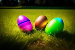 Colorful Easter eggs on green grass with beautiful bokeh background. photo