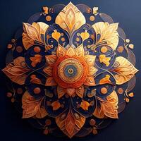 3D render of mandala with floral ornament on dark blue background. photo