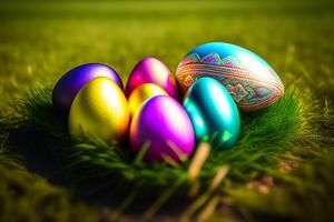 Colorful Easter eggs on green grass with beautiful bokeh background. photo