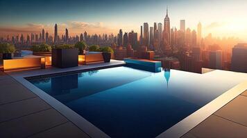 Swimming pool in the city at sunset. photo