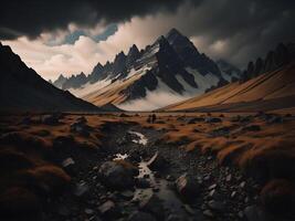 fantasía paisaje con montañas en el nubes generativo ai foto