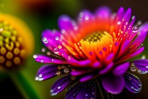 Close up of purple daisy flower with water drops on petals. photo