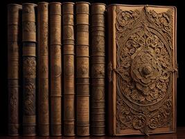 Old books on a wooden shelf in the dark. photo