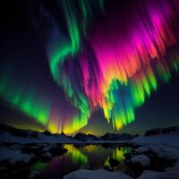 Aurora borealis in the night sky over the mountain lake. photo