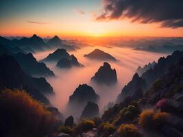 Fantasy landscape with mountains in the clouds. photo