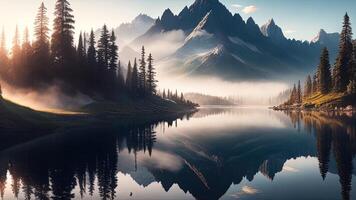 hermosa montaña paisaje con lago y reflexión en agua. ai generado foto