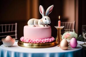 Easter bunny and cake on a pink tablecloth. photo