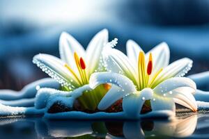 Beautiful white lily flower with water drops on blue background. photo