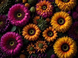 Colorful autumn flowers as background, top view. Floral pattern. photo