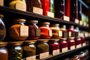 Colorful spices in wooden spoons on table, close-up. photo