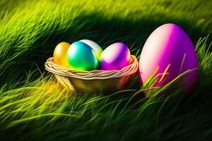 Colorful Easter eggs on green grass with beautiful bokeh background. photo