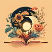 Illustration of a book with moon and flowers. illustration. photo