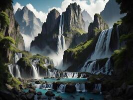 Beautiful waterfall in the mountains. Artistic style and soft focus. photo