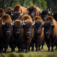 Group of big bison in a meadow. Animal portrait. photo