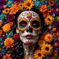 Day of the Dead sugar skull woman with colorful flowers background, close up. photo