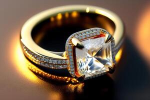 Wedding ring with diamond on a dark background close-up. photo