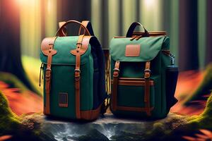 Hiking backpack with a thermos and a camping tent on a green background. photo