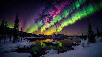 Aurora borealis in the night sky over the mountain lake. photo