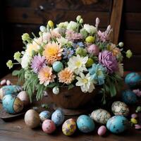 Easter eggs and flowers in a basket on a wooden background. photo