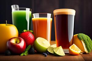 Variety of juices in glasses on a wooden table. photo