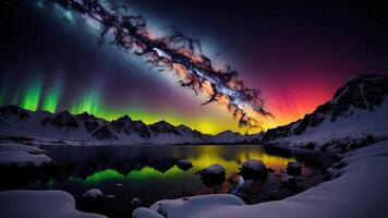 Aurora borealis in the night sky over the mountain lake. photo