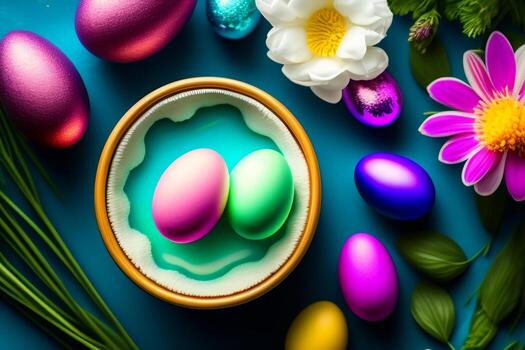 Easter eggs and sunflowers on purple background with copy space. photo