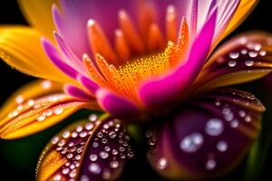 Close up of purple daisy flower with water drops on petals. photo