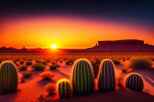 puesta de sol terminado Monumento Valle con cactus y arena dunas. generativo ai foto