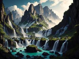 hermosa cascada en el montañas. artístico estilo y suave enfocar. generativo ai foto
