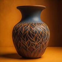 Clay vase with a pattern on a white background. Handmade. photo