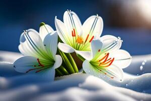 Beautiful white lily flower with water drops on blue background. photo