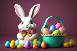 Easter bunny with colorful eggs on wooden background. Happy Easter concept. . photo