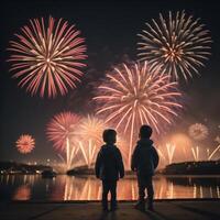 Two little children, boy and girl, watching fireworks over the city. photo