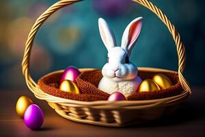 Easter bunny with colorful eggs on wooden background. Happy Easter concept. . photo