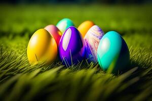 Colorful Easter eggs on green grass with beautiful bokeh background. photo