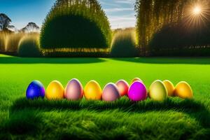 Colorful Easter eggs on green grass with beautiful bokeh background. photo