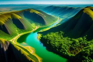 Aerial view of beautiful landscape with blue lake and green hills. photo