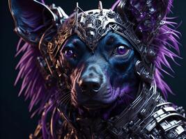 Futuristic portrait of a black dog with metal chain. Dark background. photo
