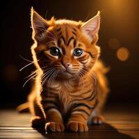 Cute ginger bengal kitten on black background. Studio shot. photo