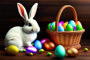 Easter bunny with colorful eggs on wooden background. Happy Easter concept. . photo