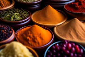 Colorful spices in wooden spoons on table, close-up. photo